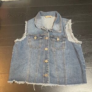 Highway Jeans Womens XL Denim Vest Distressed Frayed Blue Jean Jacket Sleeveless